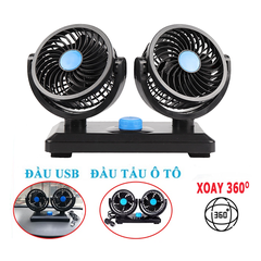 Quạt đôi gắn ô tô đa năng USB 5V, quạt để bàn làm việc xoay 360 độ