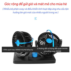Quạt đôi ô tô 10W cắm tẩu 24v xoay 360 độ cho xe tải, xe công