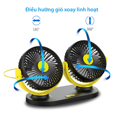 Quạt ô tô đôi mini cắm nguồn USB đa năng xoay 360 độ dùng trên ô tô và gia đình