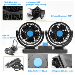 Quạt đôi ô tô 10W cắm tẩu 24v xoay 360 độ cho xe tải, xe công