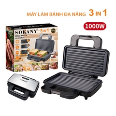 Máy làm bánh đa năng SOKANY 1000W 3 trong 1 nướng bánh mì, bánh waffle, nướng thịt