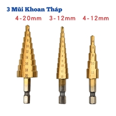 Bộ 3 mũi khoan tháp tầng bước titanium 4 - 20mm khoan sắt , tôn