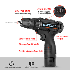 Máy khoan pin, bắt vít nhông kim loại ruột lõi đồng, có đảo chiều, đèn led