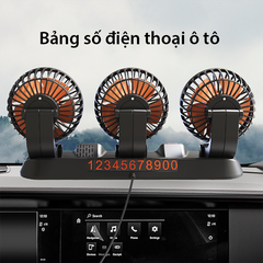 Quạt ô tô 3 đầu xoay 360 độ, quạt để bàn làm việc có bảng số điện thoại ô tô