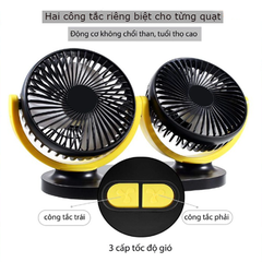 Quạt ô tô đôi mini cắm nguồn USB đa năng xoay 360 độ dùng trên ô tô và gia đình