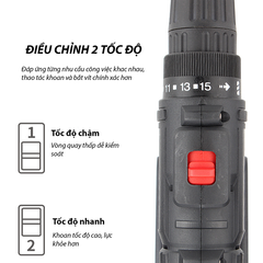 Máy khoan pin, bắt vít nhông kim loại ruột lõi đồng, có đảo chiều, đèn led