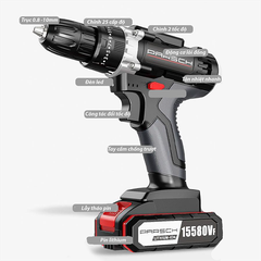 Máy vặn ốc vít, máy khoan pin động cơ lõi đồng, 2 cấp độ có đèn led chiếu sáng