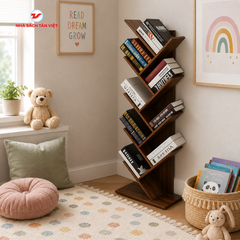 Kệ Sách Hình Cây Loại 9 Tầng Gỗ Cháy GP03.08 - Decor Phòng Khách, Góc Đọc Sách Cho Bé