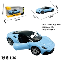 Mô Hình xe Maserati xanh ngọc 1:36 Hợp kim có thể mở cửa - bánh sau chạy cót - Dài 12cm - rộng 5cm - cao 4cm nặng : 200gram - FULL BOX : box màu SKU : oto309 - N3-K10-T4-S1