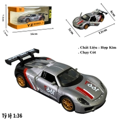 Mô Hình Xe 918 spyder porsche xám đen vạch đỏ,  tỉ lệ 1:36 Hợp kim có thể mở cửa - bánh sau chạy cót - Dài 12cm - rộng 5cm - cao 4cm - nặng : 300gram - FULL BOX : box màu SKU : oto501b - K67-T1-S11