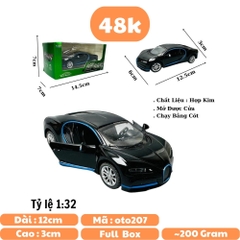 Mô Hình xe Bugati đen viền xanh tỉ lệ 1:32 Hợp kim có thể mở cửa - bánh sau chạy cót - Dài 12.5cm - rộng 6cm - cao 3cm nặng : 200gram - FULL BOX : box màu SKU : oto207 N3-K10-T3-S2