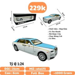 Mô Hình Xe Roll royce trắng xanh 1.24 Hợp kim có thể mở cửa - bánh sau chạy cót - Có tiếng - đèn pha sáng - Dài 21cm - rộng 7cm - cao 6cm - nặng ~ 1000gram - FULL BOX : box màu SKU : oto173 - N3-K6-T3-S2