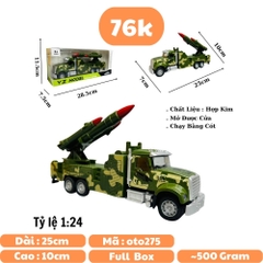 Mô Hình xe chở tên lửa tỉ lệ 1:24 Hợp kim có thể mở cửa - bánh sau chạy cót - Dài 25cm - rộng 7cm - cao 10cm - nặng : 500gram - FULL BOX : box màu SKU : oto275