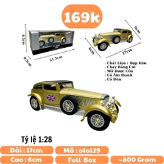 Mô Hình Xe cổ màu vàng đồng 1:28 Hợp kim có thể mở cửa - bánh sau chạy cót - Có tiếng - đèn pha sáng - Dài 17cm - rộng 6cm - cao 6cm - nặng ~ 800gram - FULL BOX : box màu SKU : oto129 - N3-K5-T5-S4