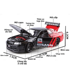 Mô Hình Xe Nissan GT-R R34 phiên bản racing full open 1:24 Hợp kim có thể mở cửa - bánh sau chạy cót - Dài 21.1cm - rộng 7.9cm - cao 6.2cm - FULL BOX : box màu SKU : oto553 - ( Vat : 003-01-180 ) - K74-T5-S1