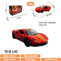 Mô Hình xe Ferrari đỏ sọc vàng tỉ lệ 1:43 Hợp kim có thể mở cửa - bánh sau chạy cót - Dài 10cm - cao 3cm - nặng 200gram - Figure Oto - FULL BOX : box màu - SKU : oto358 số1