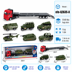 Mô Hình xe container chở xe quân sự , tỉ lệ 1:64, chất liệu hợp kim và nhựa - Dài 29cm - rộng 4.8cm  - cao 9cm - SKU : oto-QZ635-A -( Vat : 103-01-35 ) - K32-T2-S3-4