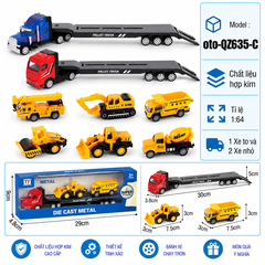 Mô Hình xe container chở xe xây dựng , tỉ lệ 1:64, chất liệu hợp kim và nhựa - Dài 29cm - rộng 4.8cm - cao 9cm - SKU : oto-QZ635-C -( Vat : 103-01-35 ) - T4