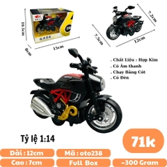 Mô Hình Xe máy DUCATI Diavel đen viền đỏ 1:14 Hợp kim - Có tiếng - đèn pha sáng - Dài 12cm - rộng 7.2cm - cao 7.5cm - nặng ~ 300gram - FULL BOX : box màu SKU : oto238 - N3-K5-T2-S4