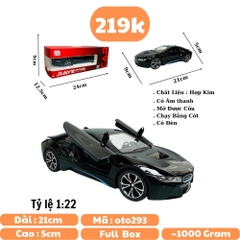 Mô Hình xe bmw i8 màu đen tỉ lệ 1:22 Hợp kim có thể mở cửa - bánh sau chạy cót - Dài 21cm - rộng 9cm - cao 5cm - nặng : 800gram - FULL BOX : box màu SKU : oto293 - N3-K8-T3-S4