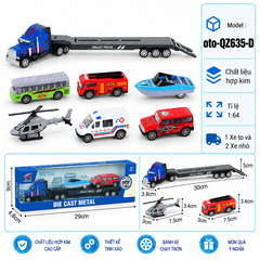 Mô Hình xe container chở xe con và máy bay trực thăng ( Ngẫu Nhiên ) , tỉ lệ 1:64, chất liệu hợp kim và nhựa - Dài 29cm - rộng 4.8cm  - cao 9cm - SKU : oto-QZ635-D - ( Vat : 103-01-35 )