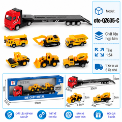Mô Hình xe container chở xe xây dựng , tỉ lệ 1:64, chất liệu hợp kim và nhựa - Dài 29cm - rộng 4.8cm - cao 9cm - SKU : oto-QZ635-C -( Vat : 103-01-35 ) - T4