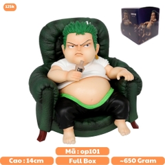 Mô Hình OnePiece zoro béo ngồi ghế - Cao 14.5cm - nặng 650gram + có Box + phụ kiện có bình rượu cầm tay - Figure OnePiece - Có Hộp - K18-T3-S1