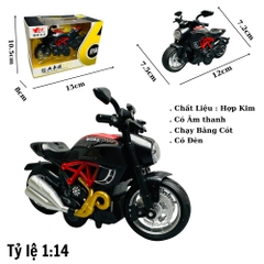 Mô Hình Xe máy DUCATI Diavel đen viền đỏ 1:14 Hợp kim - Có tiếng - đèn pha sáng - Dài 12cm - rộng 7.2cm - cao 7.5cm - nặng ~ 300gram - FULL BOX : box màu SKU : oto238 - N3-K5-T2-S4