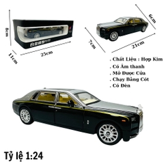 Mô Hình Xe Roll royce đen xám 1.24 Hợp kim có thể mở cửa - bánh sau chạy cót - Có tiếng - đèn pha sáng - Dài 21cm - rộng 7cm - cao 6cm - nặng ~ 1000gram - FULL BOX : box màu SKU : oto174