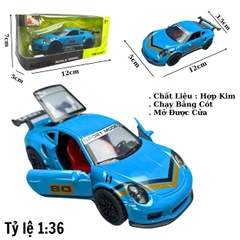 Mô Hình xe Porsche 911 màu xanh trời vạch vàng đen - tỉ lệ 1:36 Hợp kim có thể mở cửa - bánh sau chạy cót - Dài 12cm - rộng 5cm - cao 3.5cm - nặng : 200gram - FULL BOX : box màu - OTO80 - N3-K3-T4-S1
