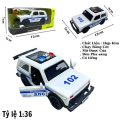 Mô Hình xe oto Police 102 màu trắng  - tỉ lệ 1:36 Hợp kim có thể mở cửa - bánh sau chạy cót - Có tiếng - đèn pha sáng - Dài 12cm - rộng 5cm - cao 4cm - nặng : 200gram - FULL BOX : box màu