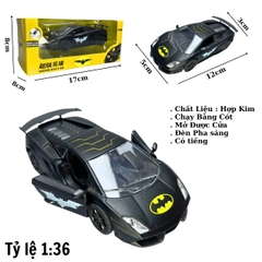 Mô Hình xe Lamborghini Batman - tỉ lệ 1:36 Hợp kim có thể mở cửa - bánh sau chạy cót - Có tiếng - đèn pha sáng - Dài 12cm - rộng 5cm - cao 3cm - nặng : 180gram - FULL BOX : box màu