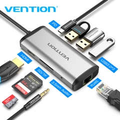 Cáp chuyển đổi Type C sang HDMI/ 3 cổng USB 3.0/ LAN/ SD/ TF/ Audio/ Type C PD Vention dài 10cm