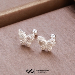 Khuyên tai bạc nữ KYDOPAL cánh hồ điệp đôi cách điệu viền hạt chốt ren bi xinh xắn - PAL9C11K2