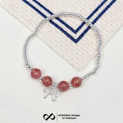 Lắc tay bạc nữ KYDOPAL bi bạc tròn charm nơ thắt trơn mix đá thạch anh dâu hồng đá phong thủy tự nhiên - PAL9C8L8