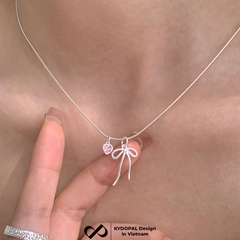Dây chuyền bạc nữ KYDOPAL vòng cổ cá tính dây mì mặt hình nơ trơn mix đá tim hồng xinh xắn - PAL9C3C34