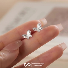 Khuyên tai bạc nữ KYDOPAL cánh hồ điệp đôi cách điệu viền hạt chốt ren bi xinh xắn - PAL9C11K2