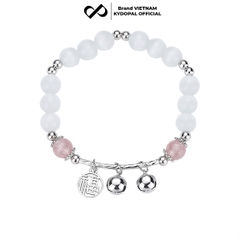 Lắc tay KYDOPAL đá mắt mèo 6mm cá tính thạch anh dâu hồng mix charm chuông đôi - PAL9C8L20
