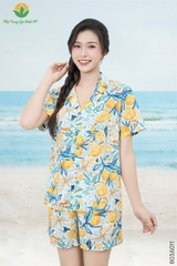 Bộ pijama lanh nữ quần đùi áo cộc tay gia đình