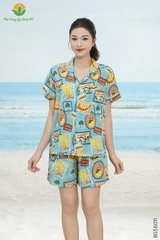 Bộ pijama lanh nữ quần đùi áo cộc tay gia đình