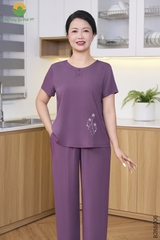Bộ lanh trung niên quần dài áo cộc tay - (Ruốc tím)