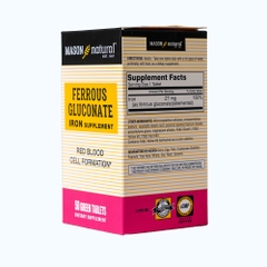 Viên uống Sắt hữu cơ Mason Natural Ferrous Gluconate – Hỗ trợ bổ sung sắt, giúp giảm nguy cơ thiếu máu do thiếu sắt (Hộp 50 viên)