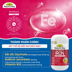 Viên Uống Bổ Sung Sắt Hữu Cơ Nature’s Way High Strength Iron, Vitamin C Và B12 (30 Viên)