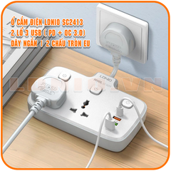 Ổ cắm điện LDNiO SC2413, 2 lỗ cắm (2500W) + 2 USB-A & 1 USB-C (20W), sạc nhanh PD & QC 3.0, đầu ghim EU 2 chấu tròn - Hàng nhập khẩu