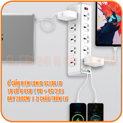 Ổ cắm điện LDNIO SC10610 100-250V, 10 lỗ cắm (2500W) + 5 USB-A & 1 USB-C (30W), sạc nhanh PD & QC 3.0, dây dài 200CM, đầu ghim EU 2 chấu tròn - Hàng nhập khẩu