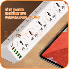 Ổ cắm điện LDNIO SC10610 100-250V, 10 lỗ cắm (2500W) + 5 USB-A & 1 USB-C (30W), sạc nhanh PD & QC 3.0, dây dài 200CM, đầu ghim EU 2 chấu tròn - Hàng nhập khẩu