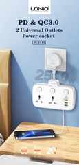 Ổ cắm điện LDNiO SC2413, 2 lỗ cắm (2500W) + 2 USB-A & 1 USB-C (20W), sạc nhanh PD & QC 3.0, đầu ghim EU 2 chấu tròn - Hàng nhập khẩu