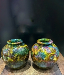 Cặp Bình Ngọc Chalcedony Vân Khổng Tước 13cm