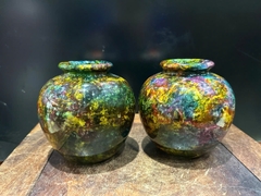 Cặp Bình Ngọc Chalcedony Vân Khổng Tước 13cm