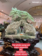 Tác phẩm tượng Song voi ngọc serpentine 42cm